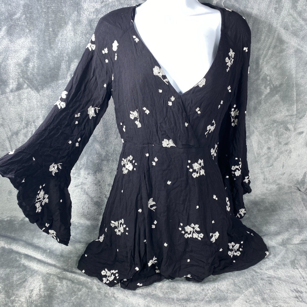 Free People Pink Dress Size 8 Black Foral Gauze Bell Sleeve Boho Whimsigoth